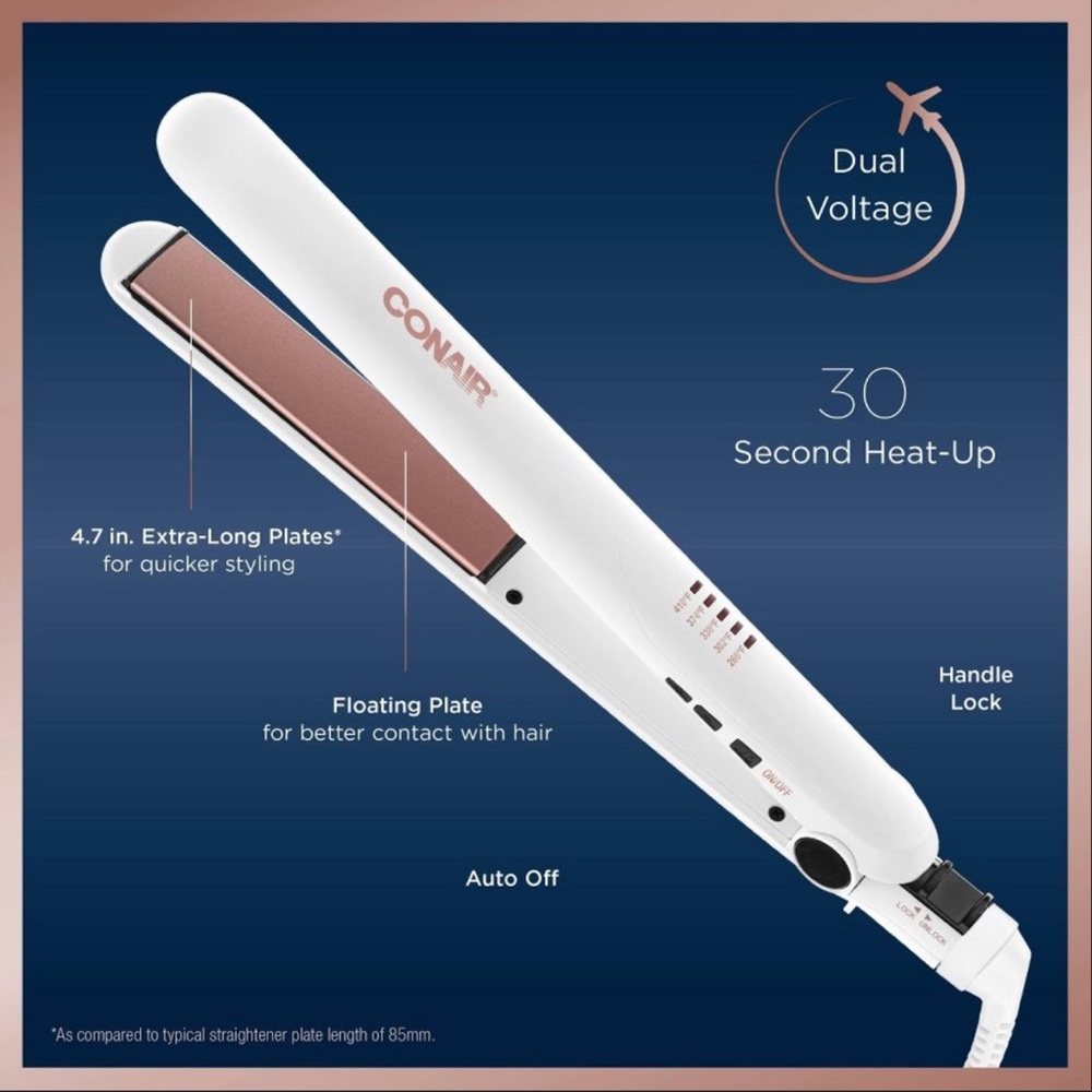 Conair White and Rose Gold Hair Straightener - Dual Voltage Flat Iron